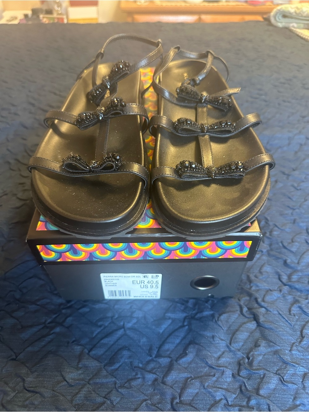 Kurt Geiger Black Beaded Bow Strappy Sandals